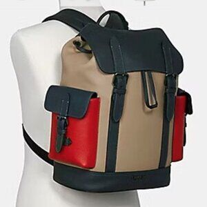 Coach Hudson Leather with Canvas Backpack, Large Size Men's (Khaki & Blue & Red)